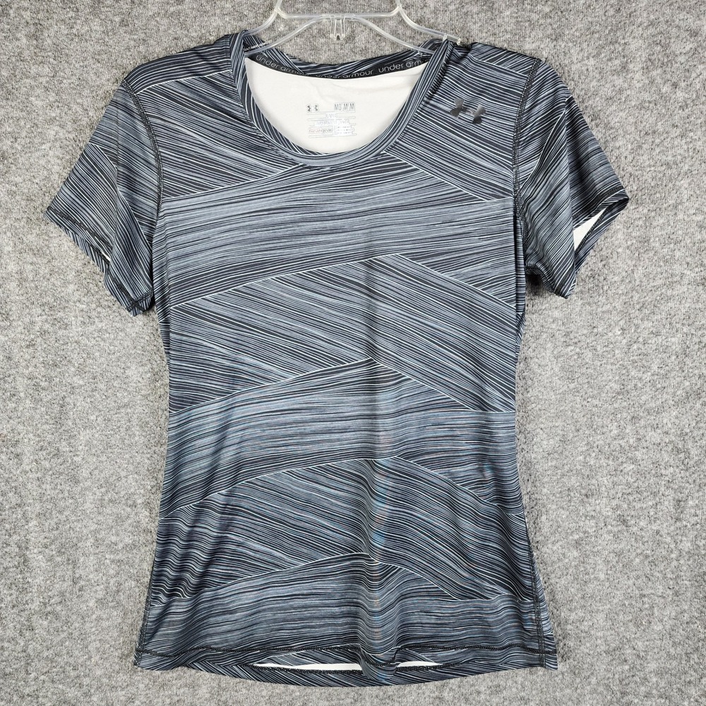Under Armour T-Shirt Womens M HeatGear Fitted Black White Striped EUC
